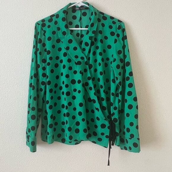 Zara Green Polka Dot Tie Blouse size M - Picture 3 of 9
